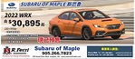 大多倫多斯巴魯車行Subaru of Maple 2022款WRX起價30,895元